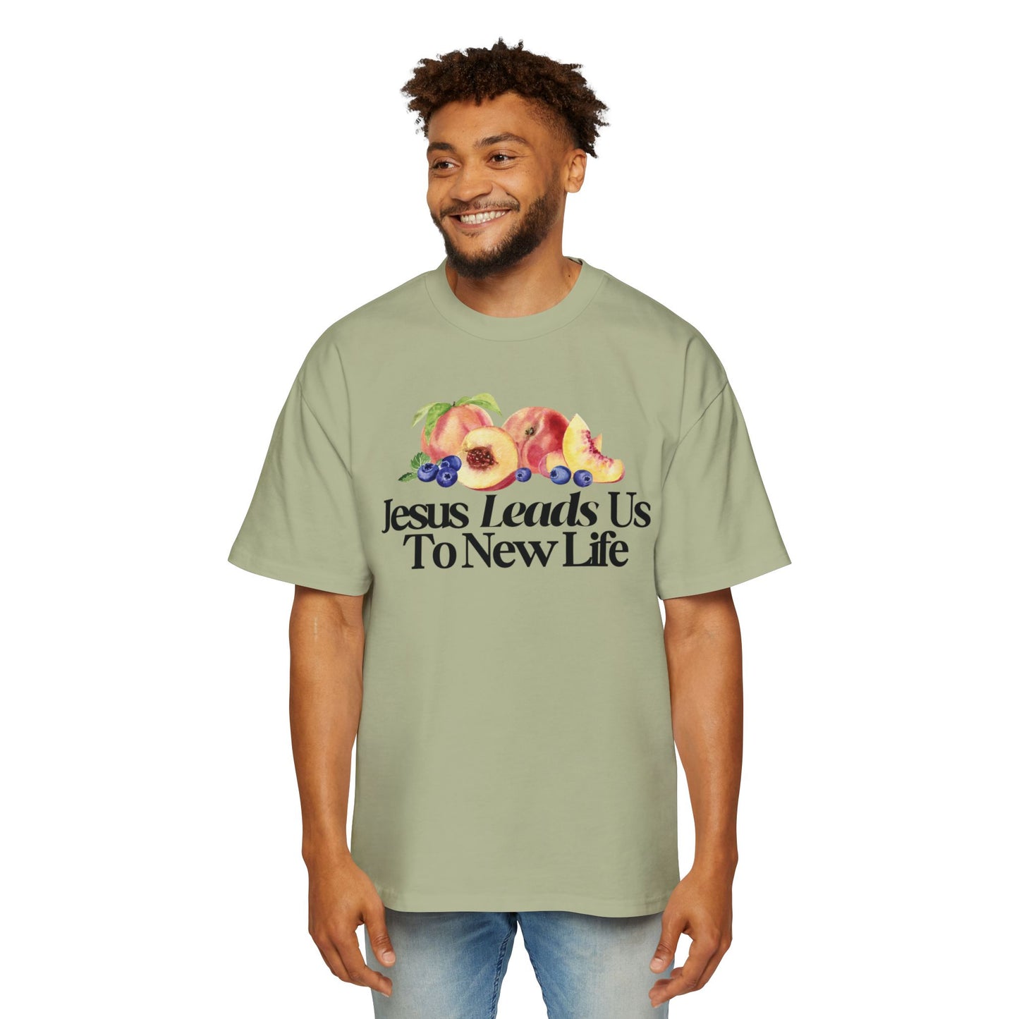 JESUS LEADS US TO NEW LIFE Men's Heavy Oversized Cotton T-Shirt
